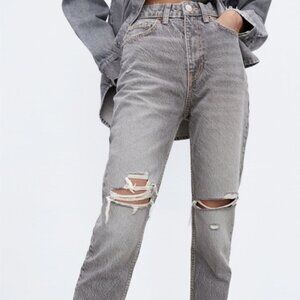 High-Rise Mom Fit Grey Distressed Denim Jeans, Size 10